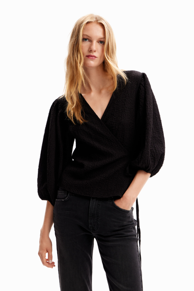 Desigual Textured Wrap Blouse In Black