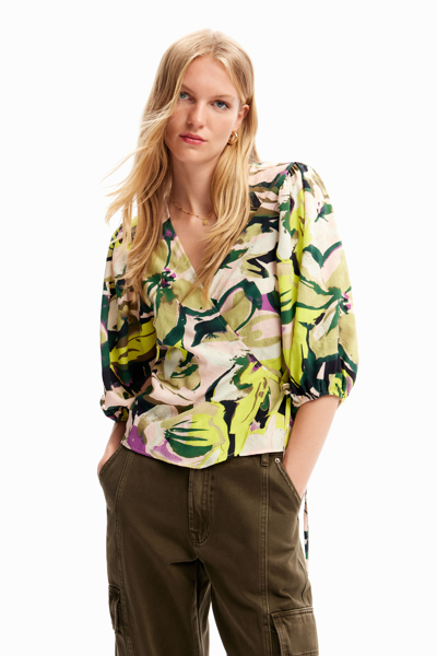Desigual Floral Wrap Blouse In Green