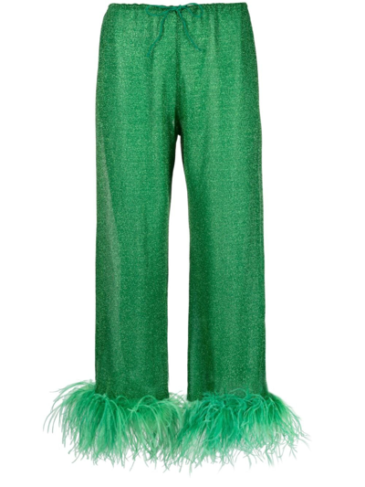 Oseree Lumiere Feather-trim Trousers In Green