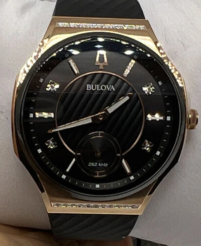 Pre-owned Bulova 98r239 Curv Women's Rose Gold Diamond Black Strap Dress Watch Msrp $995