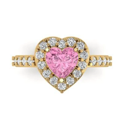 Pre-owned Pucci 2.25 Ct Heart Halo Pink Cz Classic Bridal Statement Ring Real 14k Yellow Gold