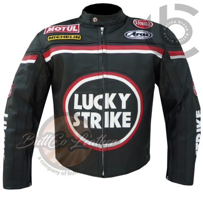 Pre-owned Seven Lucky Strike Black Cowhide Real Leather Motorbike Biker Jacket For Motorcyclist In Black White Red