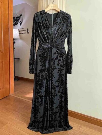 Pre-owned Handmade Custom Made To Order V-neck Floral Velvet Ruched Party Dress Plus1x-10x L818 In Black
