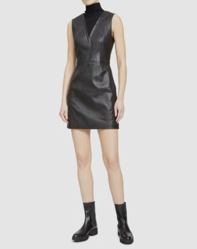 Pre-owned Theory $795  Women's Black Wool Leather Mixed Media Sleeveless Mini Dress Size 10