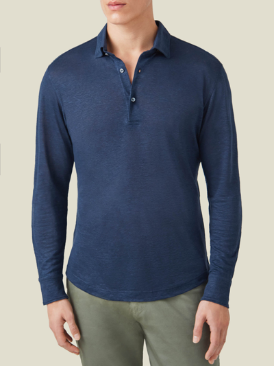 Luca Faloni Navy Blue Long-sleeved Linen Jersey Polo In Dark Blue