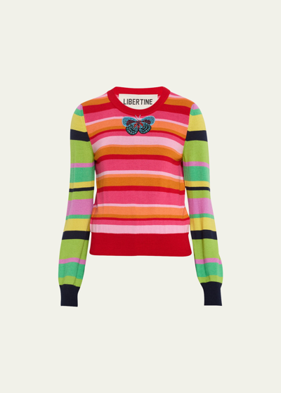 Libertine Butterfly Wild Stripes Shrunken Pullover Sweater In Pink Multi