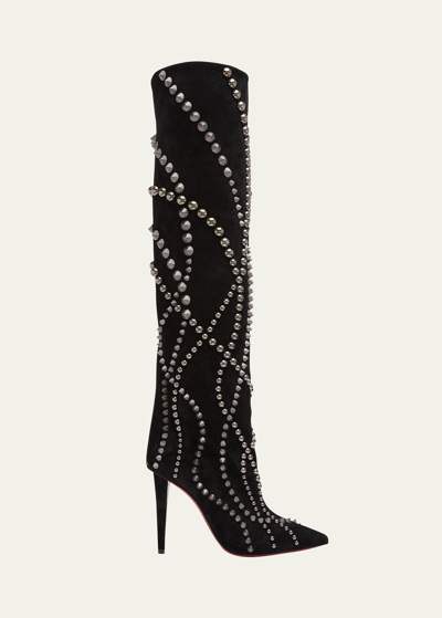 Christian Louboutin Astrilarge Botta Pika Red Sole Studded Suede Knee-high Boots In Black