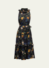 Kobi Halperin Ryan Floral Print Ruffle Tie Waist Midi Dress In Black Multi