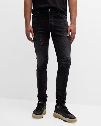 Amiri Men's Crystal-embellished Logo Skinny Jeans In Black