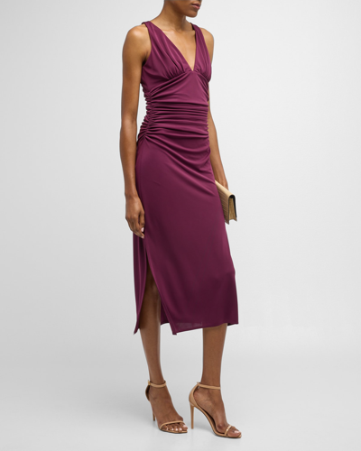 Cinq À Sept Lacey Ruched Sleeveless Dress In Dark Fig