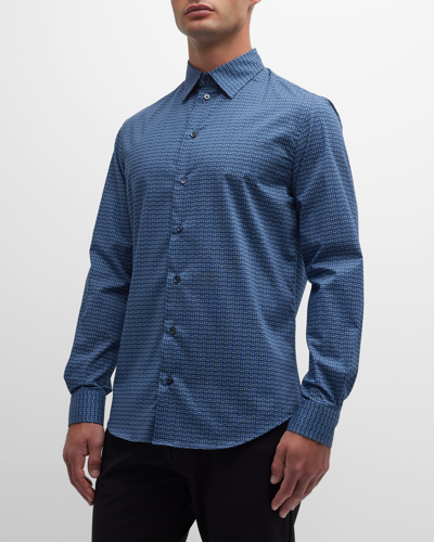 Emporio Armani Men's Geo Box Print Stretchy Sport Shirt In Blue