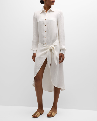 Anemos The L.a. Button Down Asymmetric Wrap Midi Dress In Linen Cupro In White