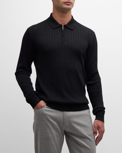 Emporio Armani Men's Half-zip Ribbed Polo Sweater In Solid Black