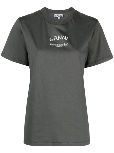 Ganni Logo-print Cotton T-shirt In Grey