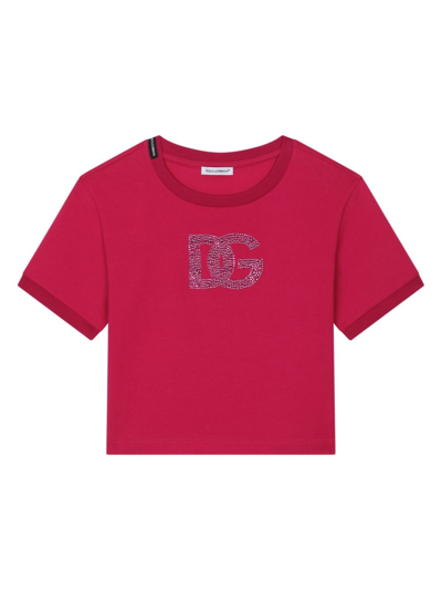 Dolce & Gabbana Kids' Rhinestone-logo Cotton T-shirt In Red