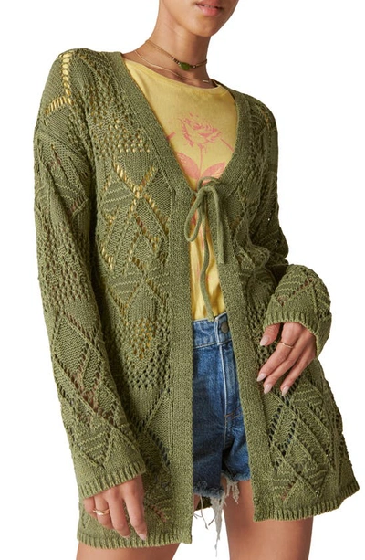 Lucky Brand Open Stitch Tie Front Cotton Cardigan In Four Leaf Clover Acid Wash