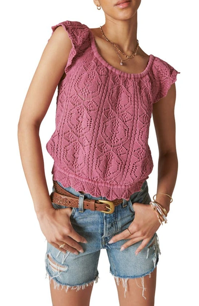 Lucky Brand Knit Flutter Sleeve Top In Red Violet Acid Washed