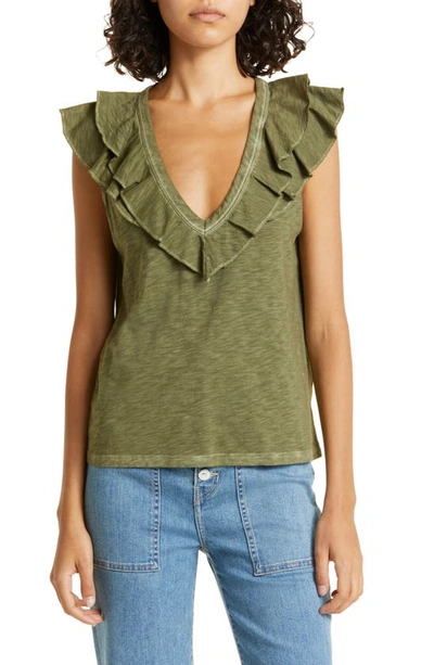 Veronica Beard Ellerie Ruffle Neck Cotton Knit Top In Bright Army