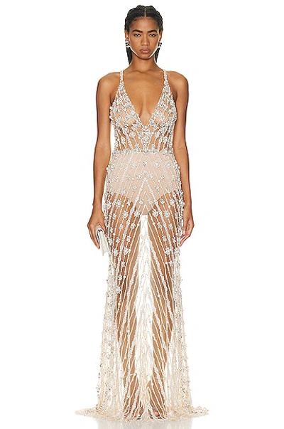 Patbo Hand Beaded Pearl & Crystal Gown In Nude