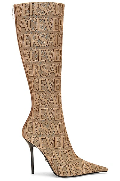 Versace 110mm  Allover Monogram Canvas Boots In Brown