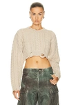 R13 DISTRESSED CROPPED CABLE SWEATER