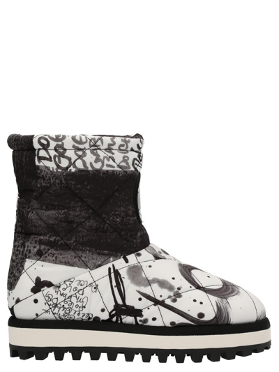 Dolce & Gabbana Nylon Ankle Boots With Logo Print In White,black