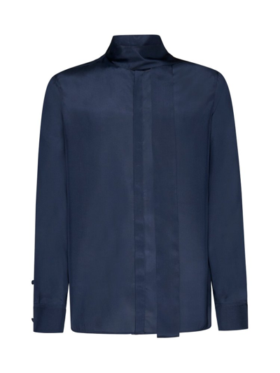 Valentino Bow Strap Collarless Shirt In Navy