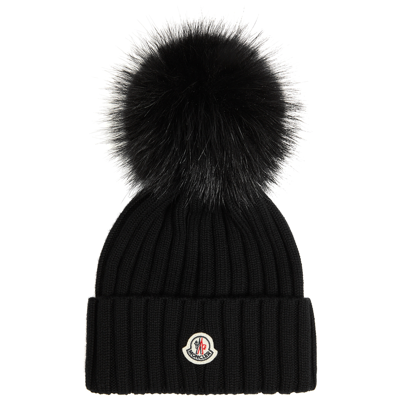 Moncler Ribbed Knit Wool Beanie With Faux Fur Pom-pom In Black