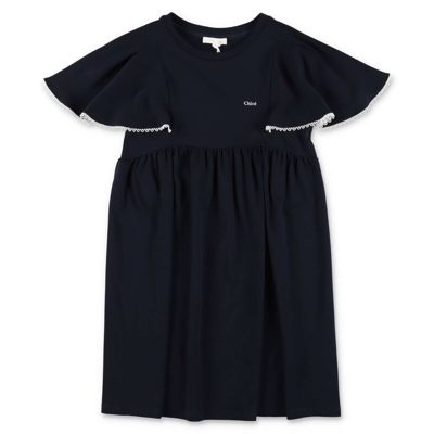 Chloé Kids' Lace-trim Embroidered-logo Dress In Blue