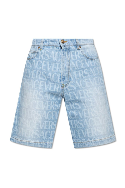 Versace Logo-print Denim Shorts In Blue