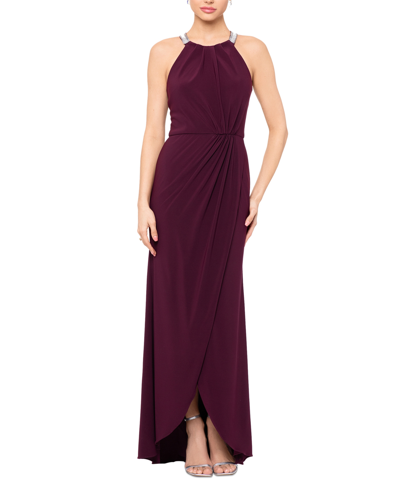 Betsy & Adam Embellished Halter Gown In Wine