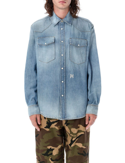 Palm Angels Monogram-embroidered Denim Shirt In Blue