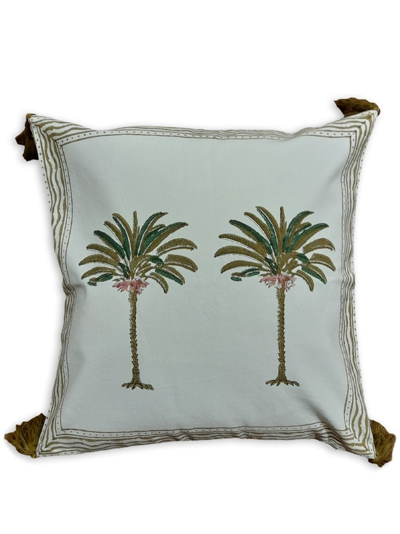 Les-ottomans Palms Hand-printed Cushion In Blue