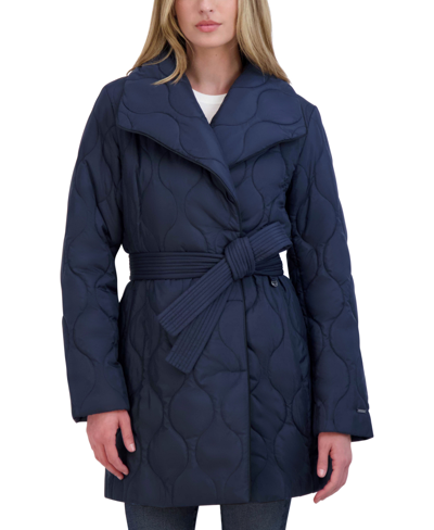 Tahari asymmetrical best sale belted puffer coat