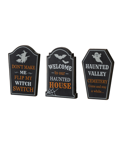 Glitzhome 7" H Halloween Wooden Tombstone Table Sign, Set Of 3 In Black