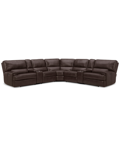 Furniture Binardo 136" 7 Pc Zero Gravity Leather Sectional With 3 Power Recliners And 2 Console, Created For M In Walnut