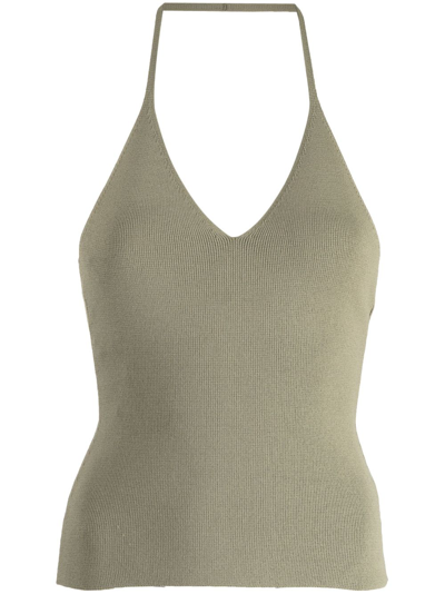 Khaite Thaiane Knitted Jersey Halterneck Top In Olive