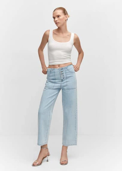 Mango Cropped Straight-leg Jeans With Buttons Light Blue