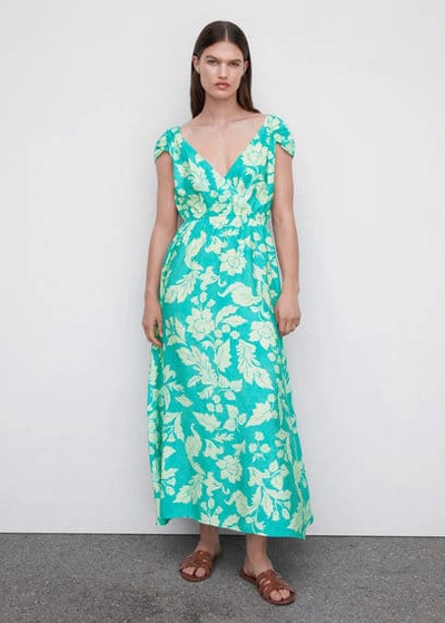 Mango Floral Wrap Neckline Dress Turquoise