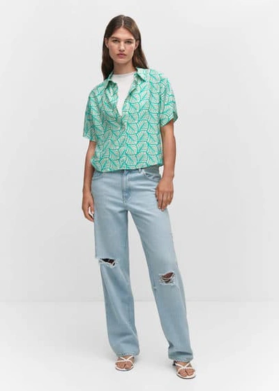 Mango Buttoned Printed Shirt Turquoise