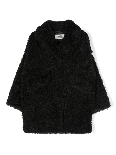 Mm6 Maison Margiela Kids' Embroidered-logo Faux-fur Jacket In Black