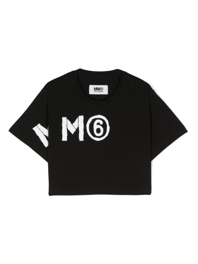 Mm6 Maison Margiela Kids' Logo-print Cropped T-shirt In Black