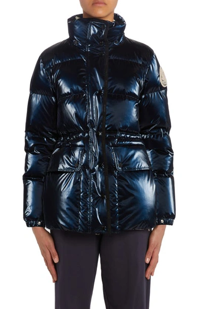 Moncler Herault Metallic Puffer Jacket With Logo Patch In Black