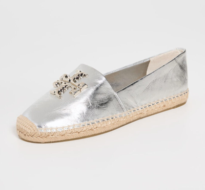 Pre-owned Tory Burch Eleanor Logo Espadrille Leather Flat Metallic Silver Us 8 Authntc