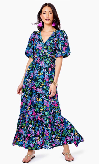 Pre-owned Lilly Pulitzer Teyla Maxi Dress Onyx Paradise Glow $298 Size 8 In Multicolor