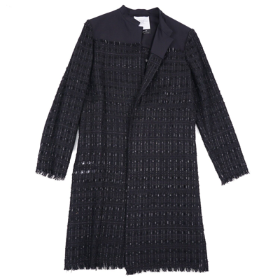 Pre-owned Kiton Women's  Napoli Textured Open-weave And Satin Duster Blazer It 44 (us 8) In Black