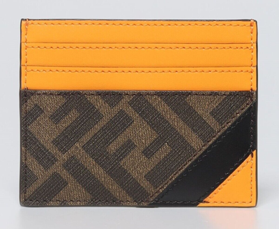 Pre-owned Fendi 'ff Logo W/ Orange Detail' Authentic Men's Canvas/leather Card Holder