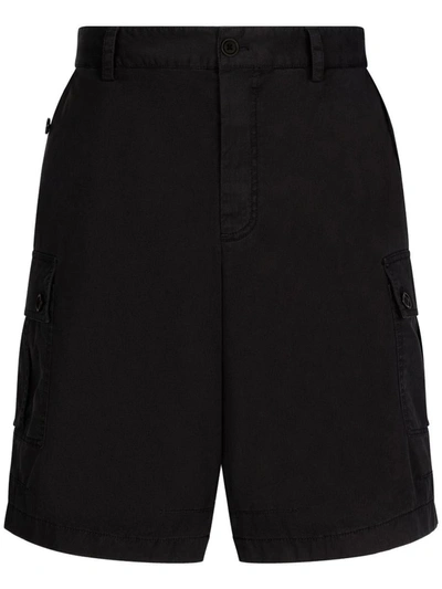 Dolce & Gabbana Cargo Cotton Stretch Bermuda Shorts With Logo Plaque In Black