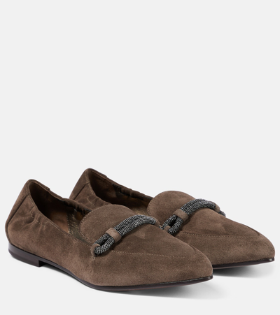 Brunello Cucinelli Embellished Suede Loafers In Brown