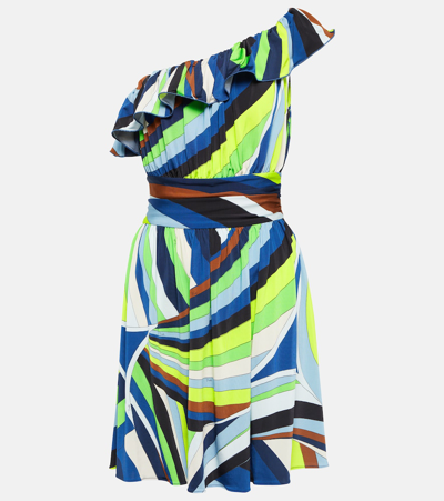 Pucci Iride-print One-shoulder Minidress In Green